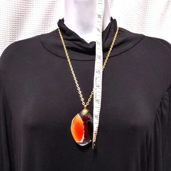 STUNNING Red Black Handmade Fused Glass PENDANT NECKLACE on Gold Chain - Picture 8 of 8